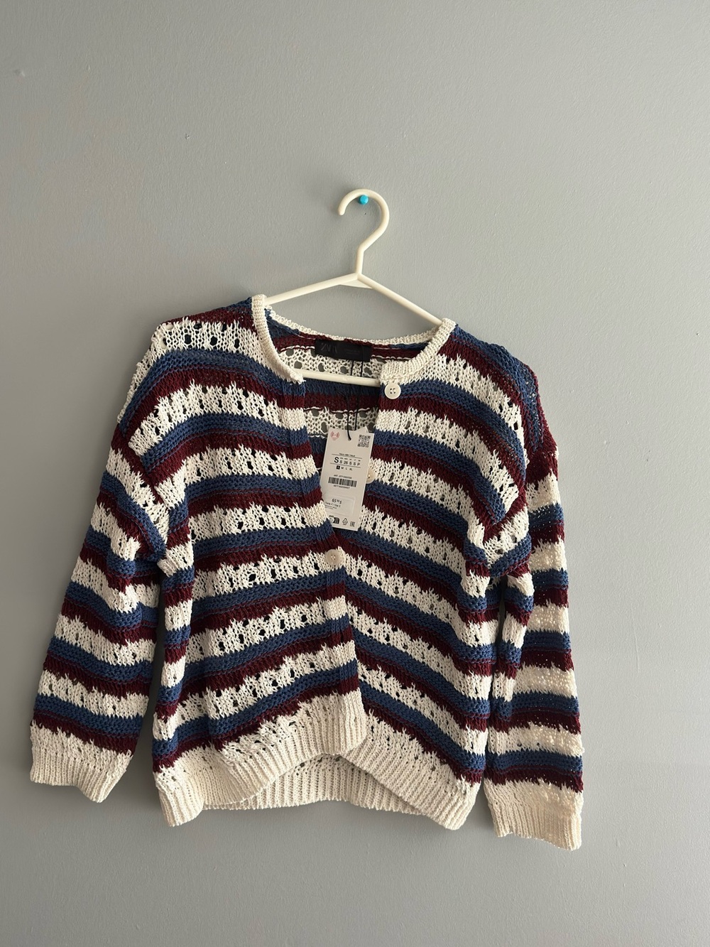 Zara Striped Open-Knit Crewneck Sweater — Cream, Blue & Burgundy